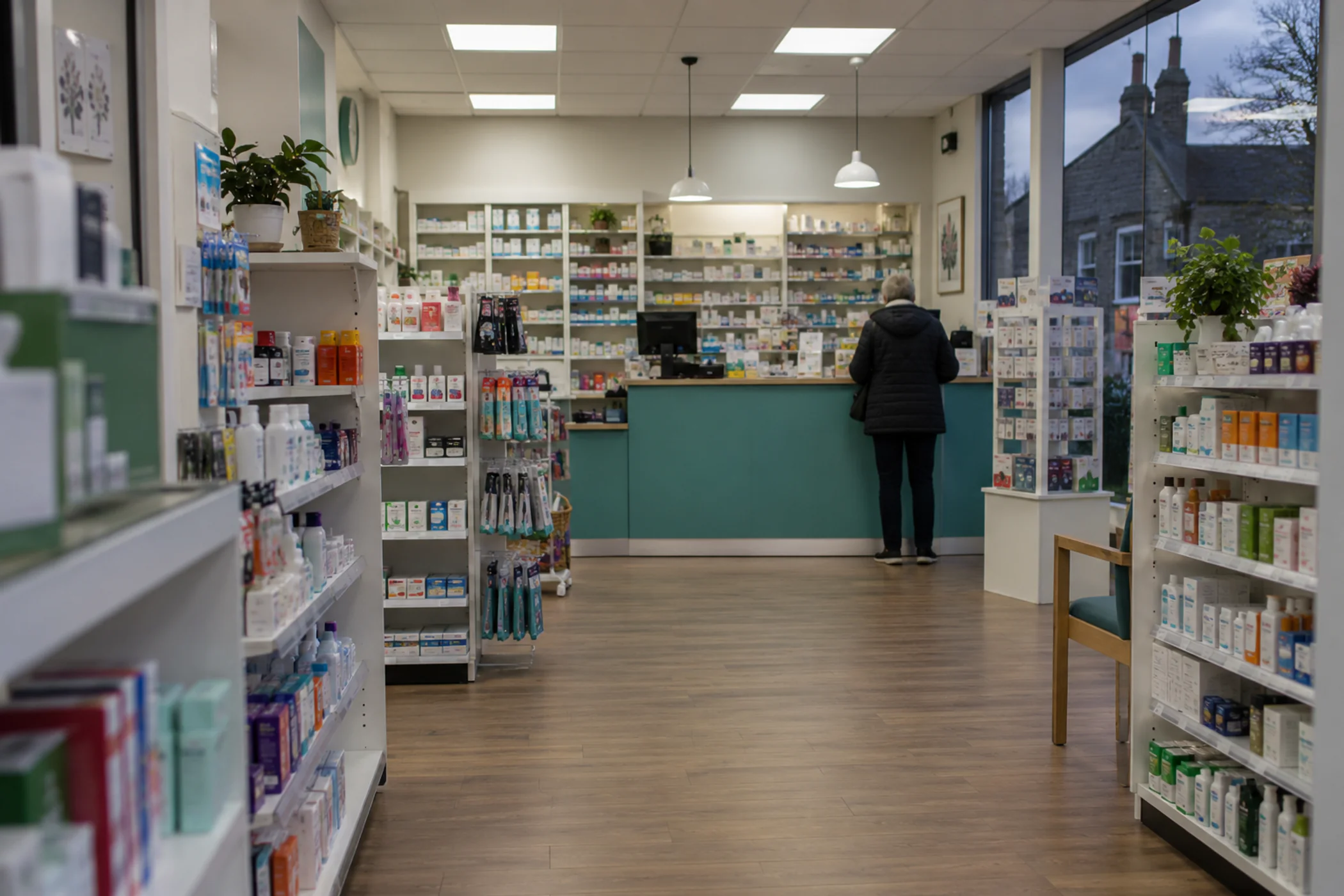 A pharmacy counter seen across the shop floor