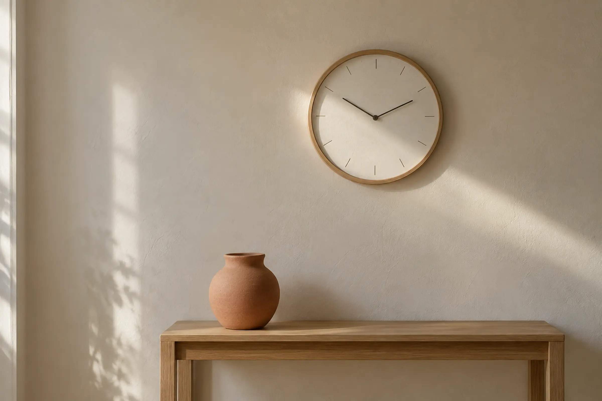 A clock on a wall in soft afternoon light