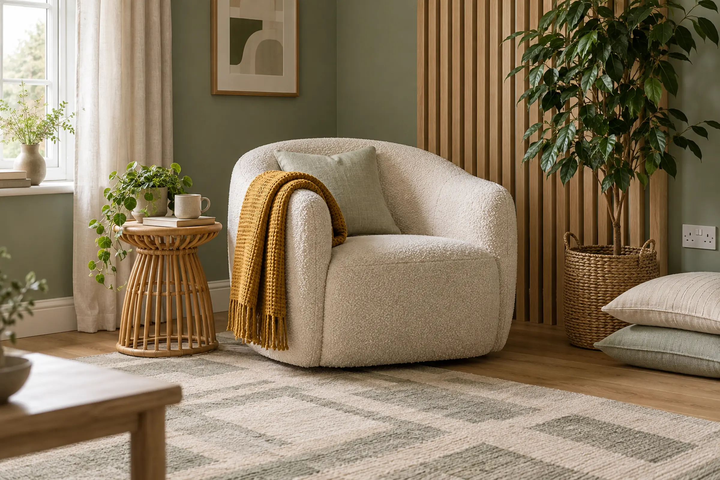A carefully arranged corner of a room in warm light